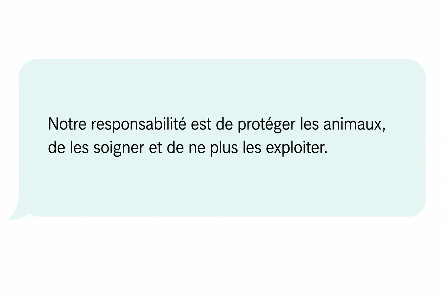 Commentaire : « Notre responsabilité est de protéger les animaux, de les soigner et de ne plus les exploiter. »