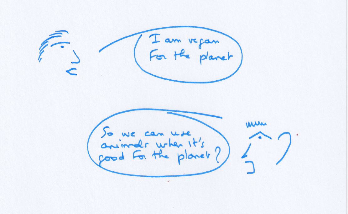 Drawing: a person says “I am vegan for the planet.” Another asks: “So we can use animals when it's good for the planet?”