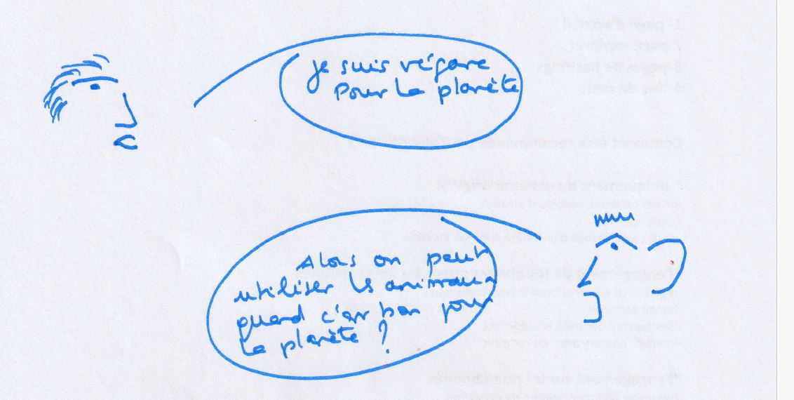 Dessin : une personne dit « Je suis végane pour la planète. » Une autre demande : « Alors on peut utiliser les animaux quand c'est bon pour la planète ? »
