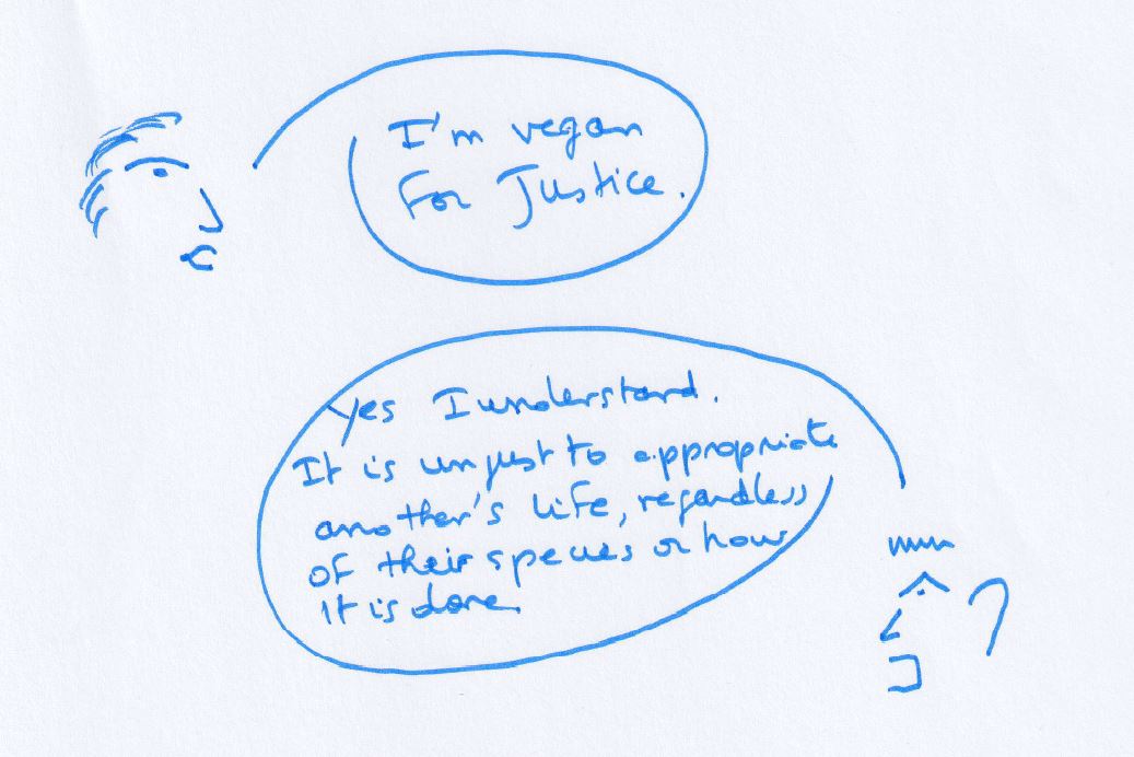 Drawing: a person says “I'm vegan for justice.” Another replies: “Yes, I understand. It is unjust to appropriate another's life, regardless of their species or how it is done.”