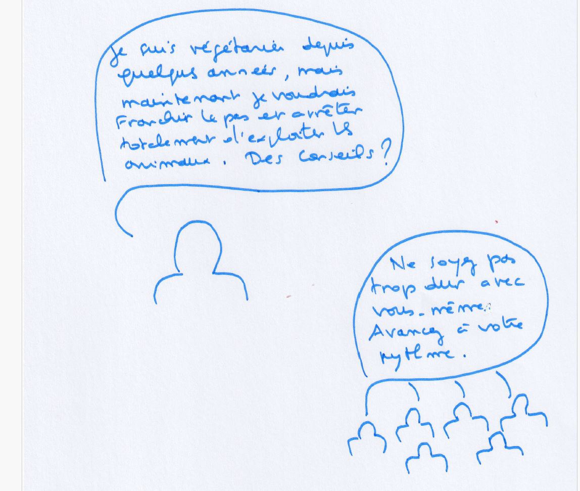 Dessin : une personne dit « Je suis végétarien·ne depuis quelques années, mais maintenant je voudrais franchir le pas et arrêter totalement d'exploiter les animaux. Des conseils ? » La foule répond : « Ne soyez pas trop dur avec vous-même. Avancez à votre rythme. »