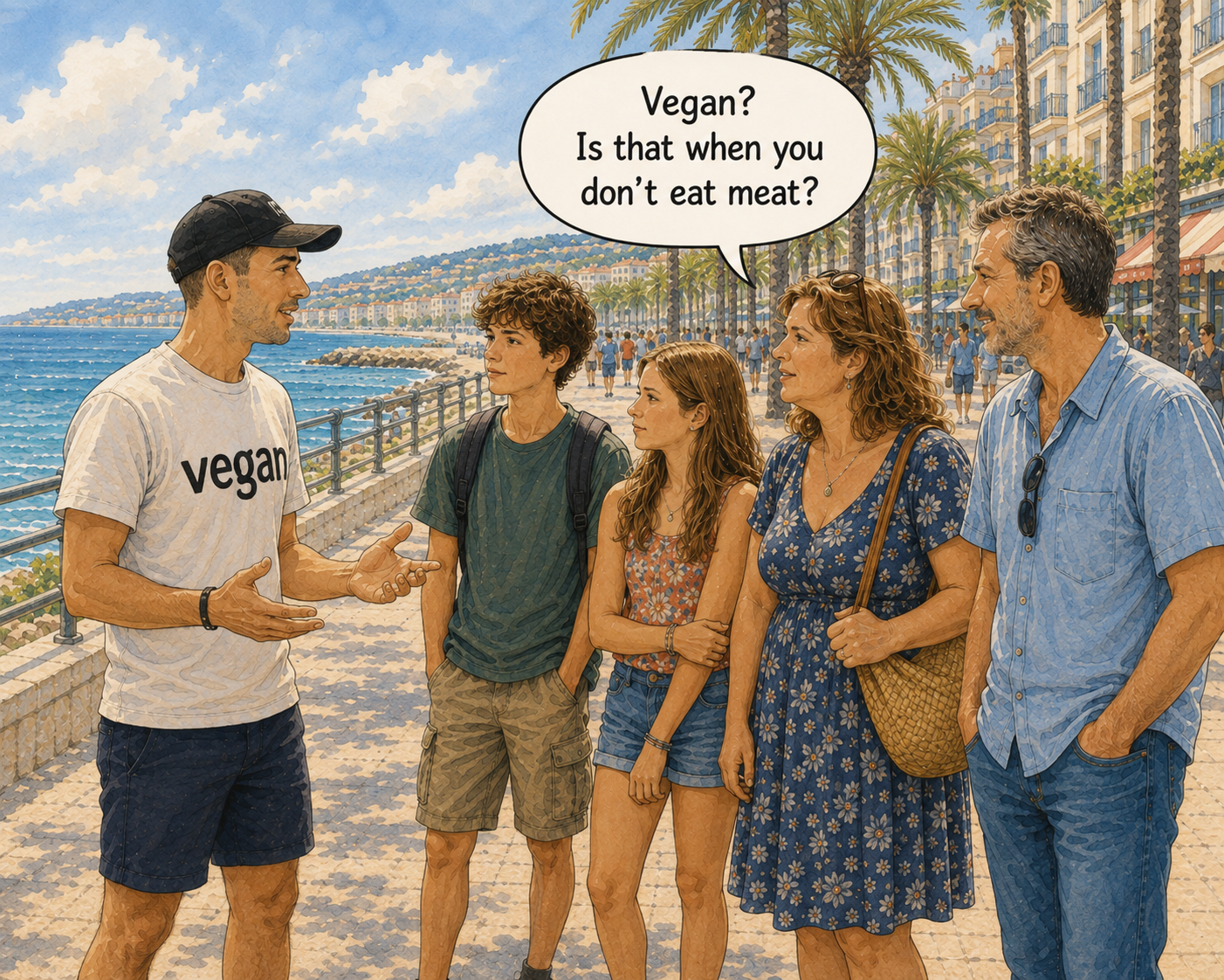 A family and a vegan educator by the sea. His t-shirt reads “vegan”; a speech bubble shows one of them asking, “Vegan? Is that when you don't eat meat?”