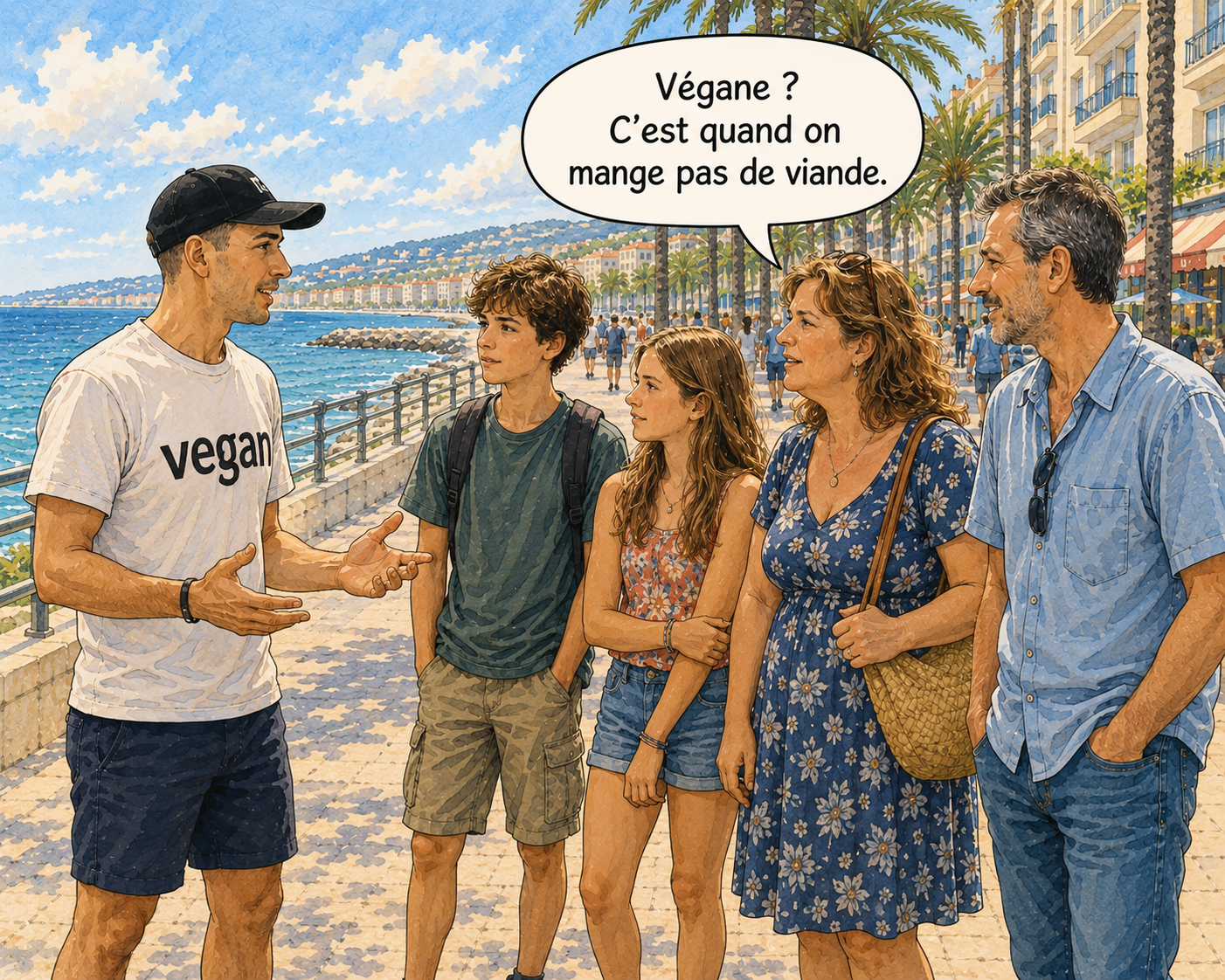 Une famille et un éducateur végane en bord de mer.