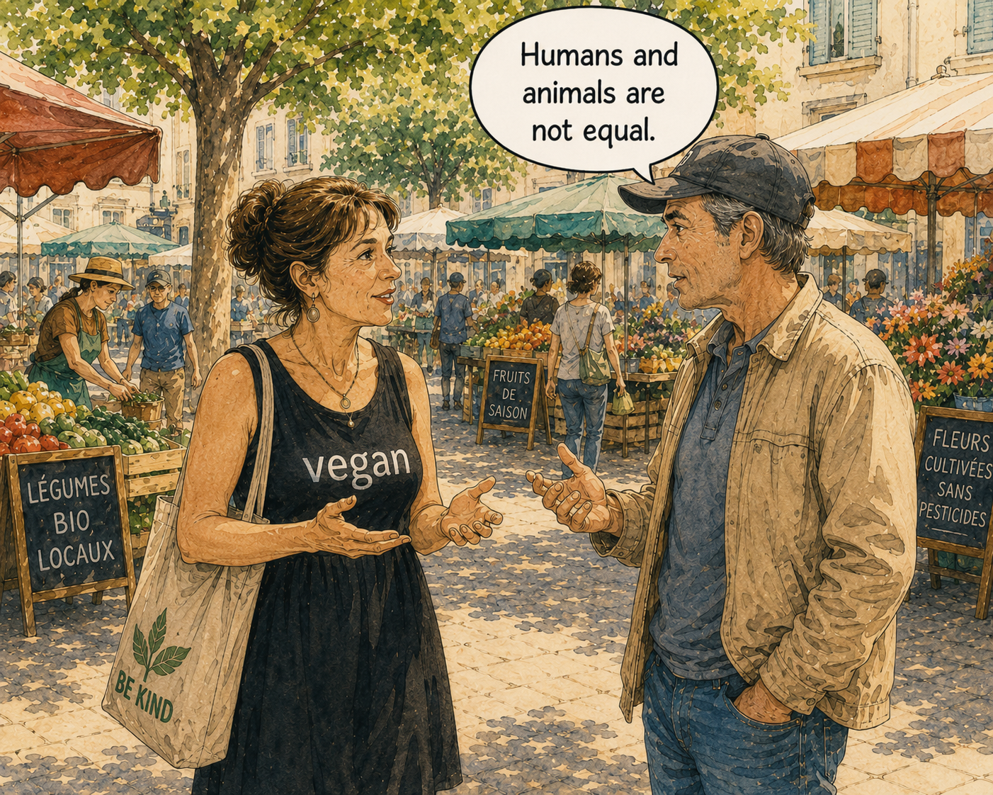 A vegan woman and a man talking at a market. A speech bubble shows him saying, “Humans and animals are not equal.”