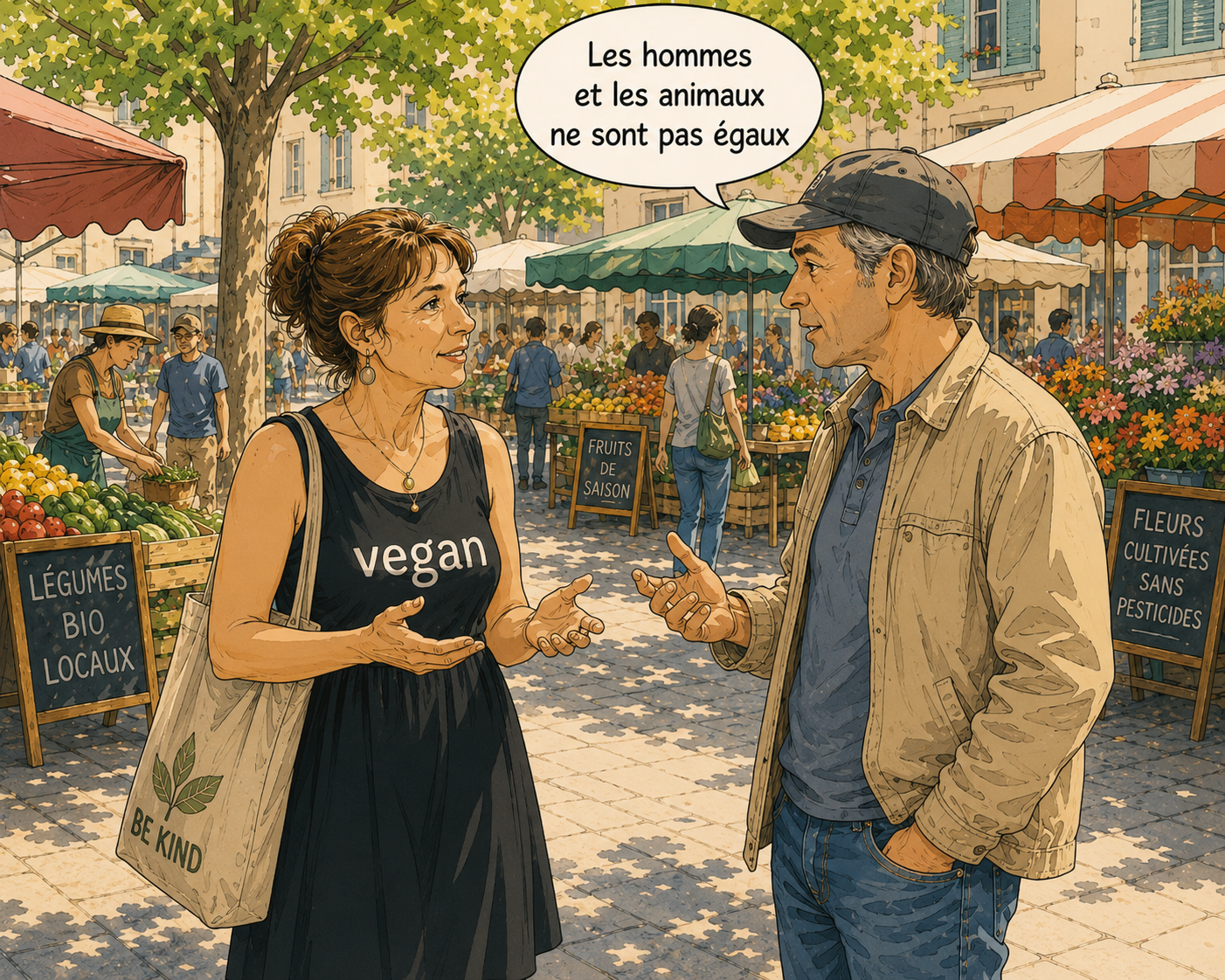 Une femme végane et un homme en discussion sur un marché.