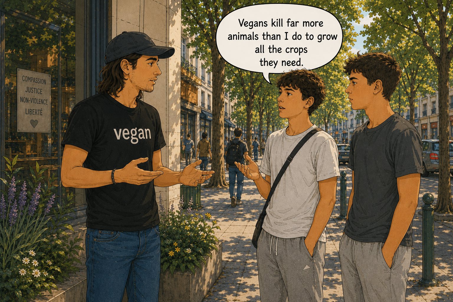 A vegan man talking with two teenagers. A speech bubble shows one of them saying, “Vegans kill far more animals than I do to grow all the crops they need.”
