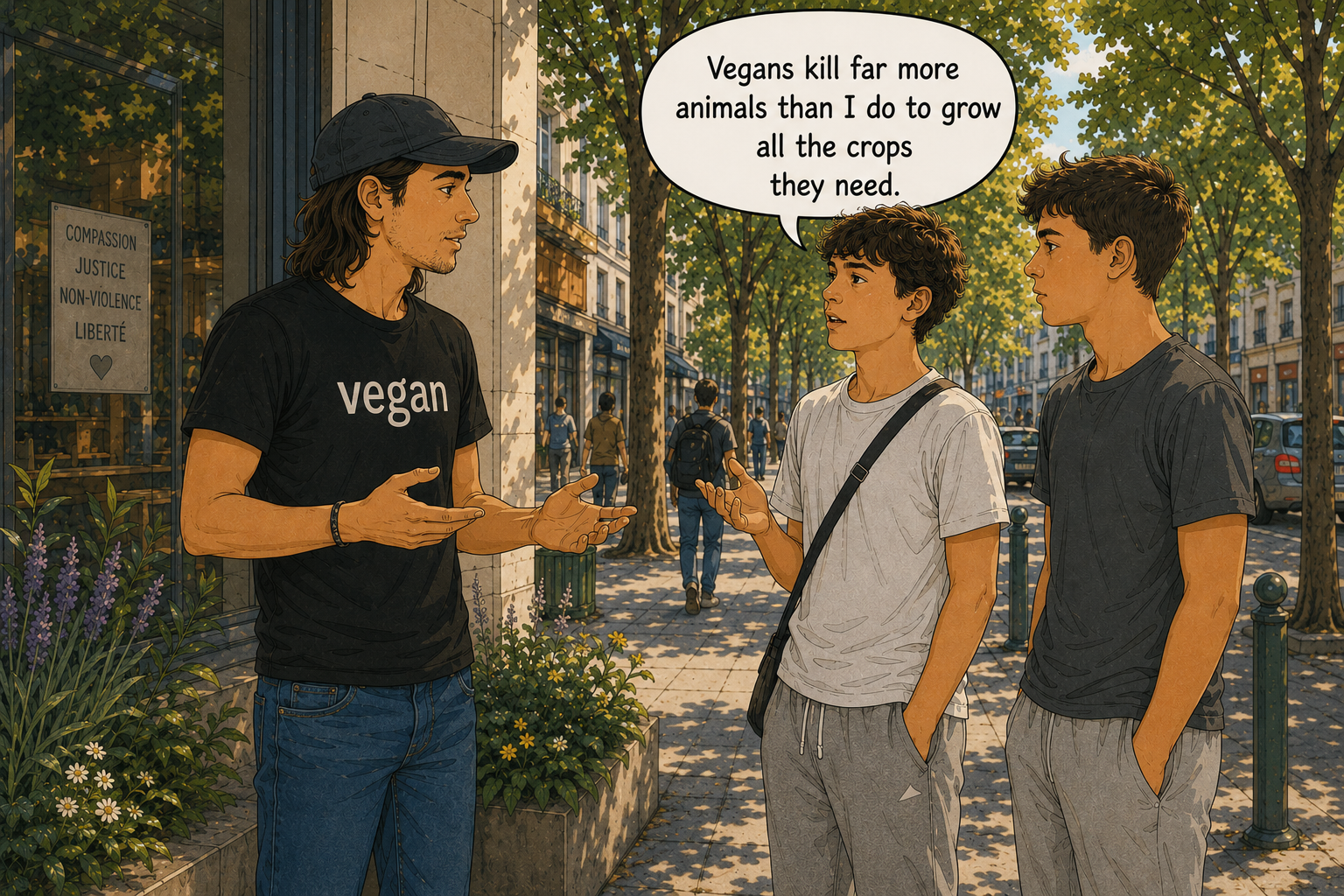 A vegan man talking with two teenagers. A speech bubble shows one of them saying, “Vegans kill far more animals than I do to grow all the crops they need.”