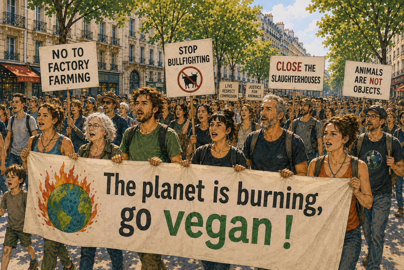 A vegan protest in the street, with signs reading “No to factory farming,” “Stop bullfighting,” “Close the slaughterhouses,” and “Animals are not objects,” and a banner reading “The planet is burning, go vegan!”