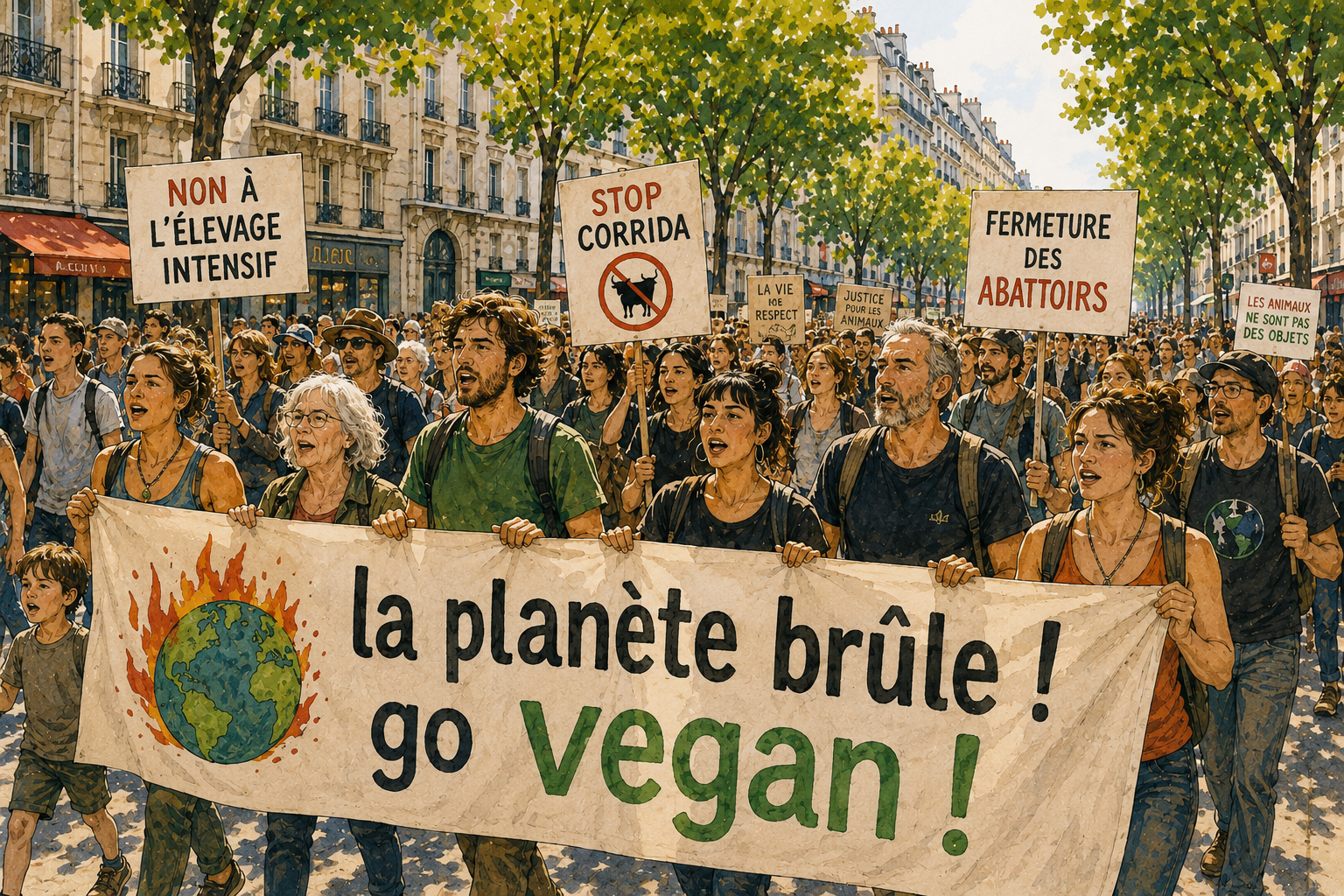 Une manifestation végane dans la rue, avec des pancartes « Non à l'élevage intensif », « Stop corrida », « Fermeture des abattoirs » et une banderole « La planète brûle ! Go vegan ! »