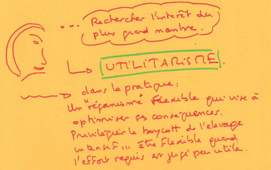Dessin : un personnage pense « Rechercher l'intérêt du plus grand nombre. » Flèche vers : l'utilitarisme. Dans la pratique : Un « véganisme » flexible qui vise à optimiser ses conséquences. Privilégier le boycott de l'élevage intensif… être flexible quand l'effort requis est jugé peu utile.