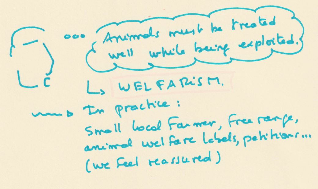 Drawing: a character thinks “Animals must be treated well while being exploited.” Arrow to: welfarism. In practice: Small local farmers, free range, animal welfare labels, petitions… (we feel reassured)