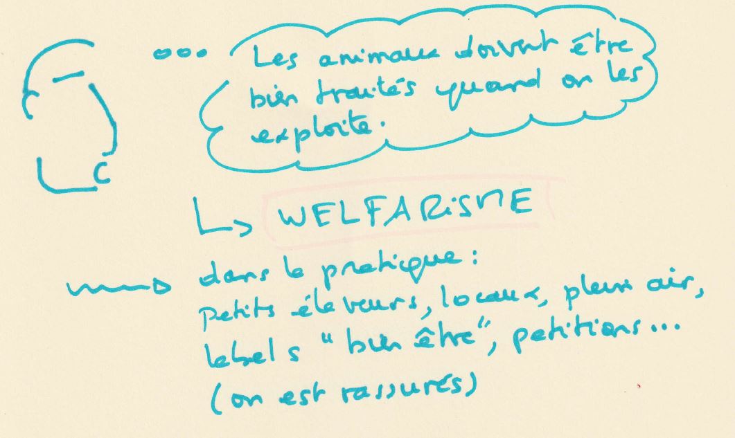 Dessin : un personnage pense « Les animaux doivent être bien traités quand on les exploite. » Flèche vers : le welfarisme. Dans la pratique : Petits éleveurs, locaux, plein air, labels « bien-être », pétitions… (on est rassurés)